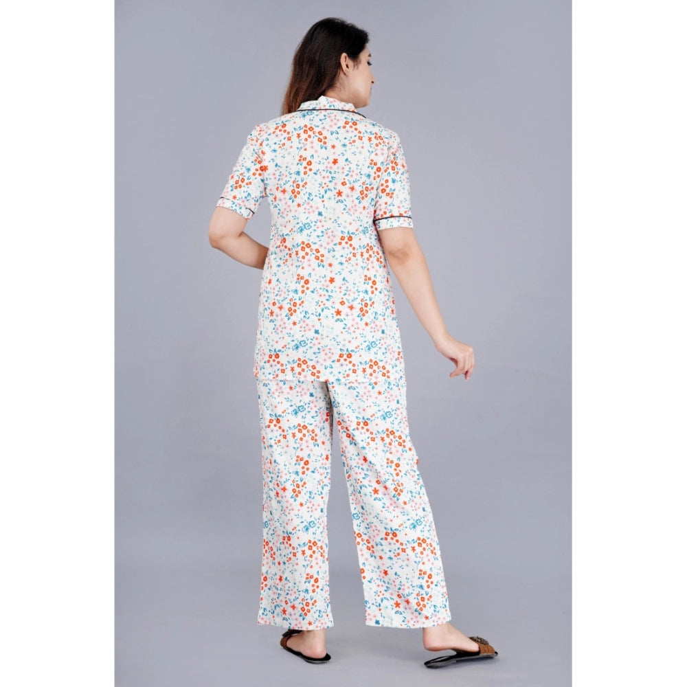 Women's Casual Half Sleeve Printed Viscose Rayon Shirt With Pyjama Pant Night Suit Set (White) - GillKart