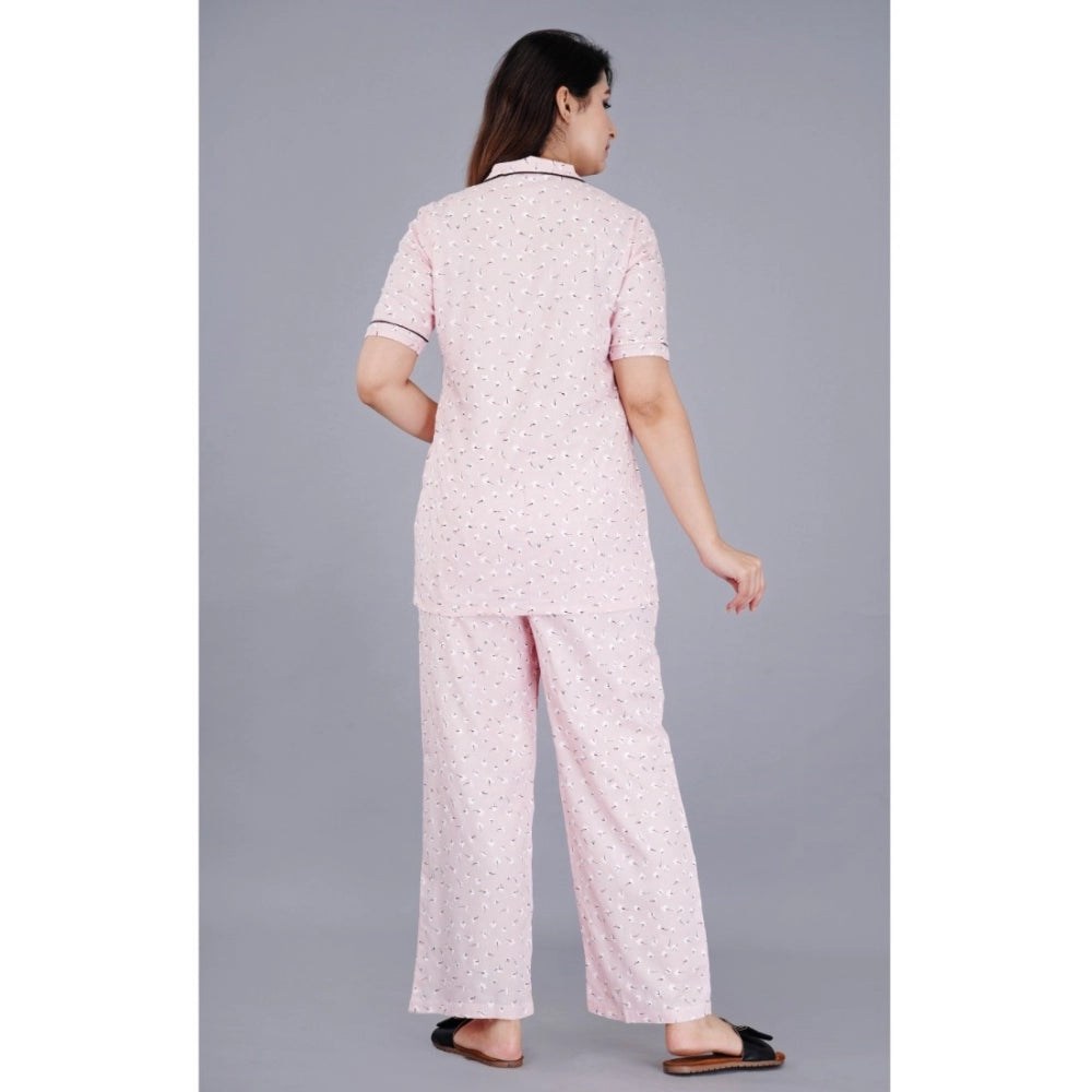 Women's Casual Half Sleeve Printed Viscose Rayon Shirt With Pyjama Pant Night Suit Set (Pink) - GillKart