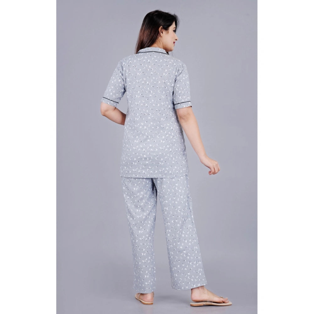 Women's Casual Half Sleeve Printed Viscose Rayon Shirt With Pyjama Pant Night Suit Set (Grey) - GillKart