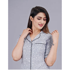 Women's Casual Half Sleeve Printed Viscose Rayon Shirt With Pyjama Pant Night Suit Set (Grey) - GillKart