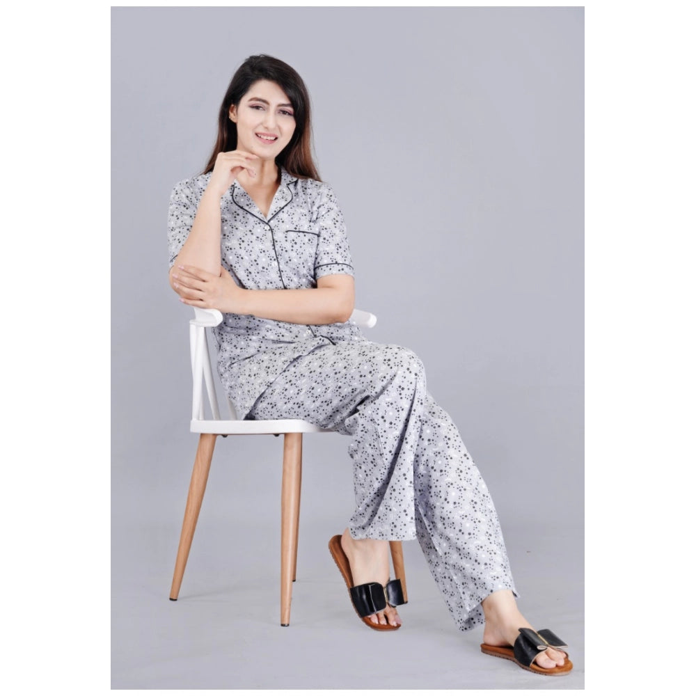 Women's Casual Half Sleeve Printed Viscose Rayon Shirt With Pyjama Pant Night Suit Set (Grey) - GillKart