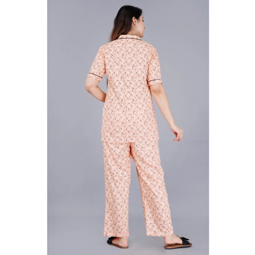 Women's Casual Half Sleeve Printed Viscose Rayon Shirt With Pyjama Pant Night Suit Set (Peach) - GillKart