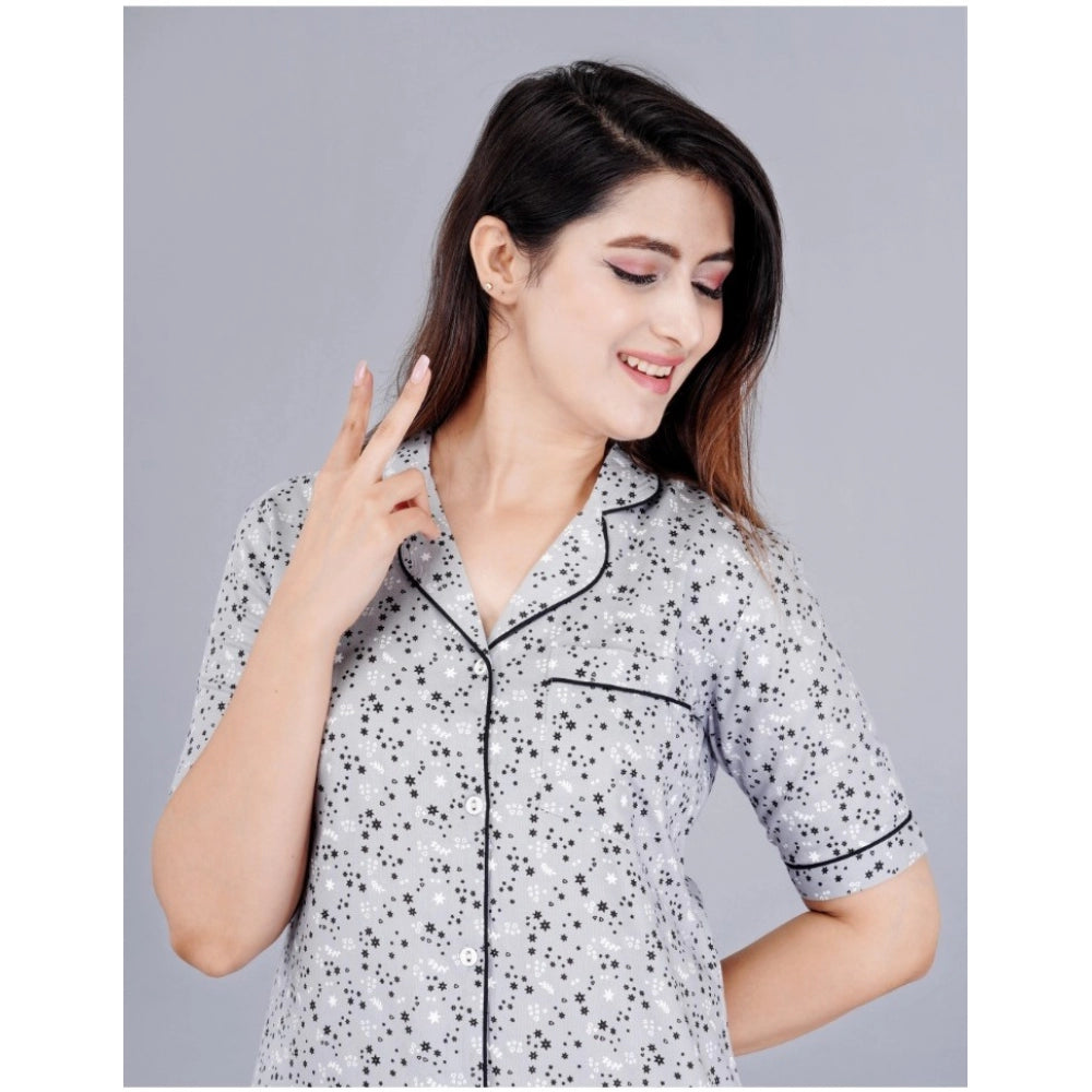 Women's Casual Half Sleeve Printed Viscose Rayon Shirt With Pyjama Pant Night Suit Set (Grey) - GillKart