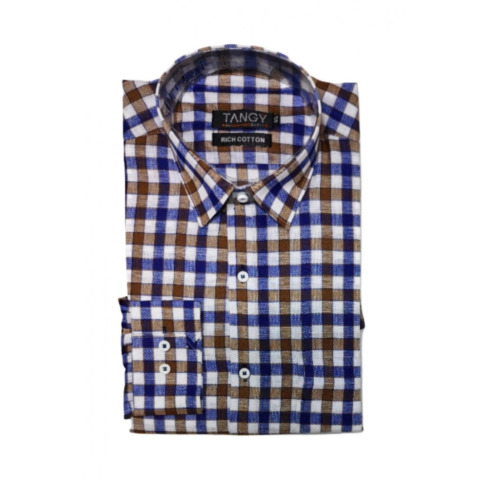 Men's Cotton Lycra Full Sleeve Checked Casual Shirt (Brown Blue) - GillKart