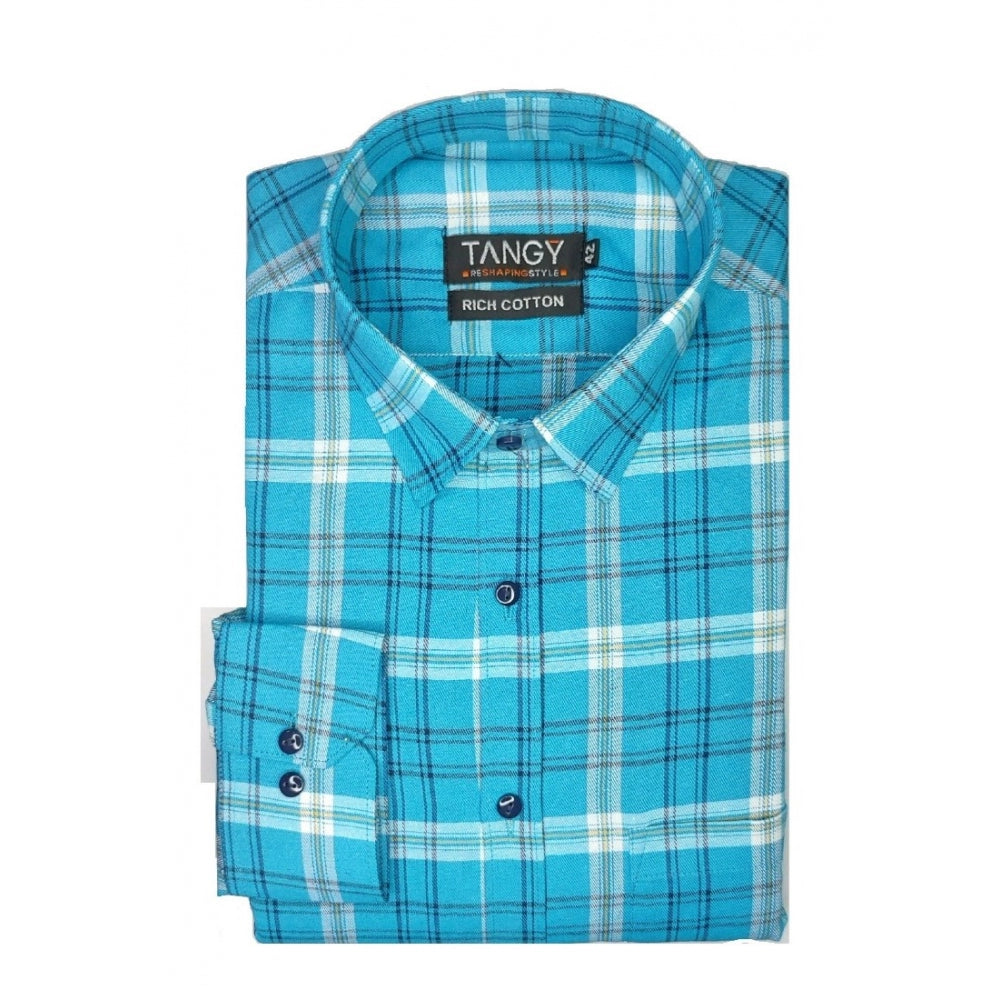 Men's Cotton Lycra Full Sleeve Checked Casual Shirt (Sky Blue) - GillKart