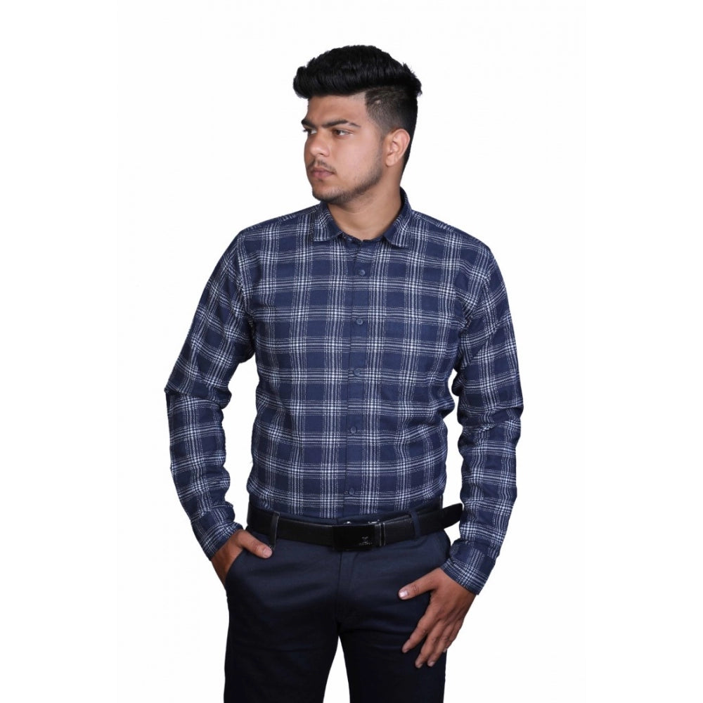 Men's Cotton Lycra Full Sleeve Checked Casual Shirt (Navy Blue) - GillKart