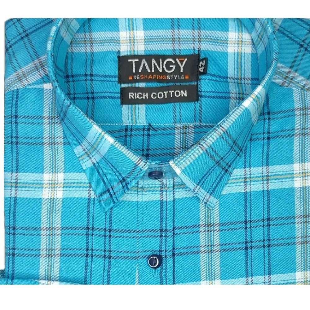 Men's Cotton Lycra Full Sleeve Checked Casual Shirt (Sky Blue) - GillKart