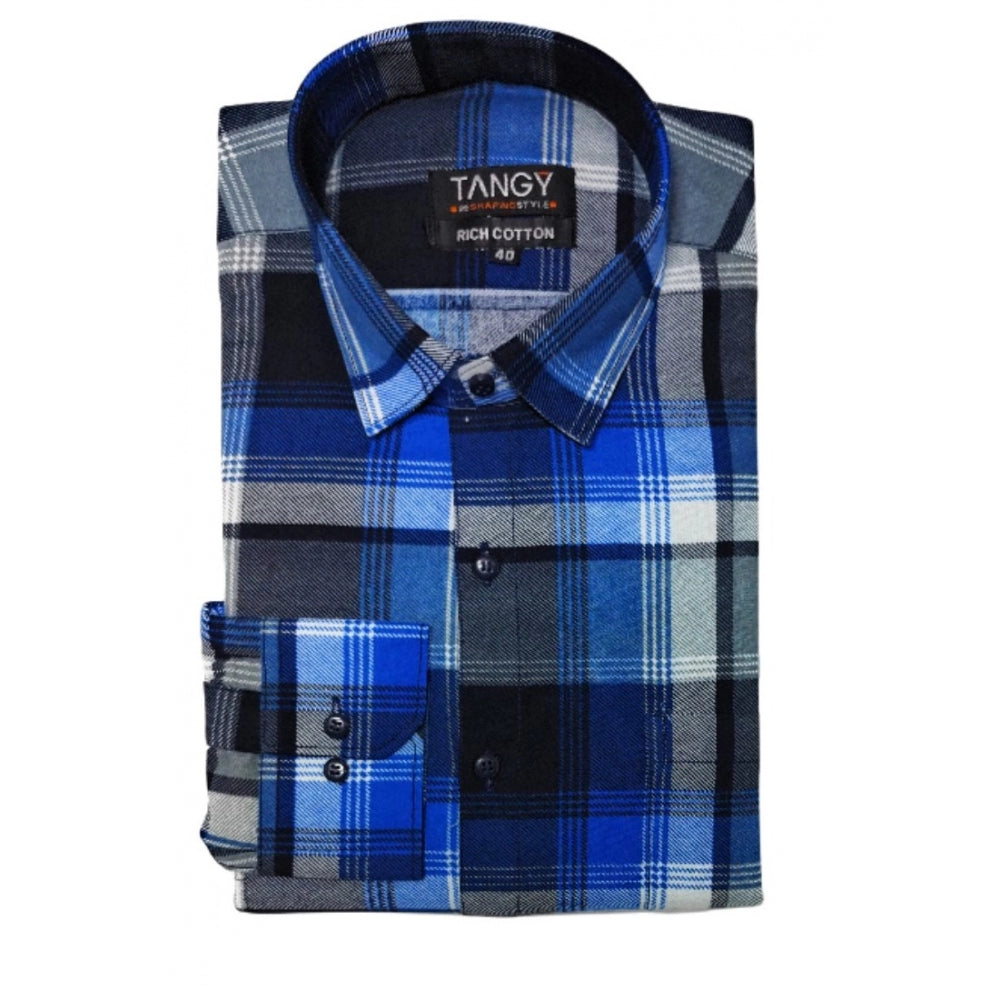 Men's Cotton Lycra Full Sleeve Checked Casual Shirt (Blue) - GillKart