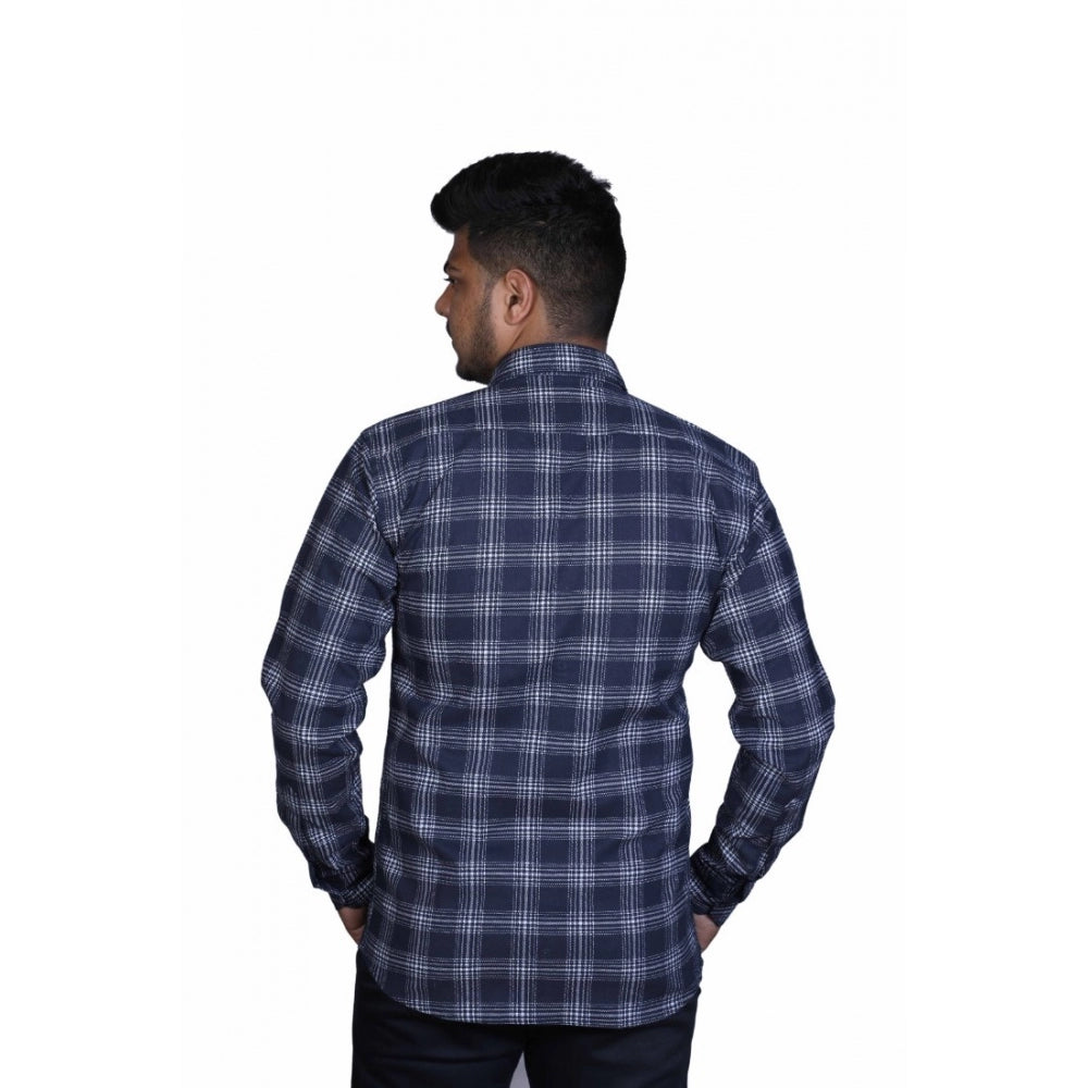 Men's Cotton Lycra Full Sleeve Checked Casual Shirt (Navy Blue) - GillKart