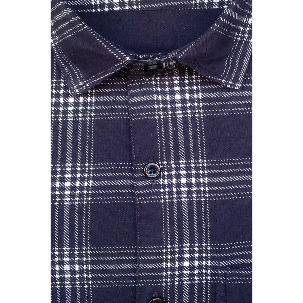 Men's Cotton Lycra Full Sleeve Checked Casual Shirt (Navy Blue) - GillKart