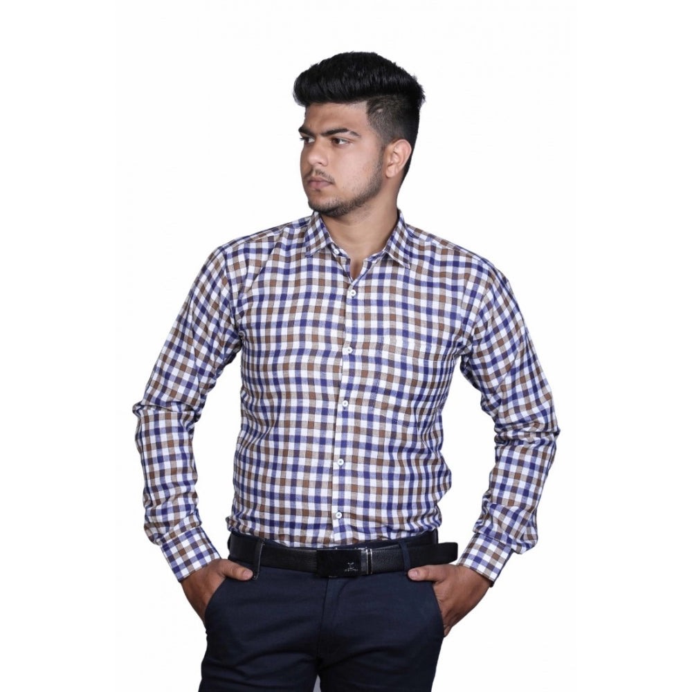 Men's Cotton Lycra Full Sleeve Checked Casual Shirt (Brown Blue) - GillKart