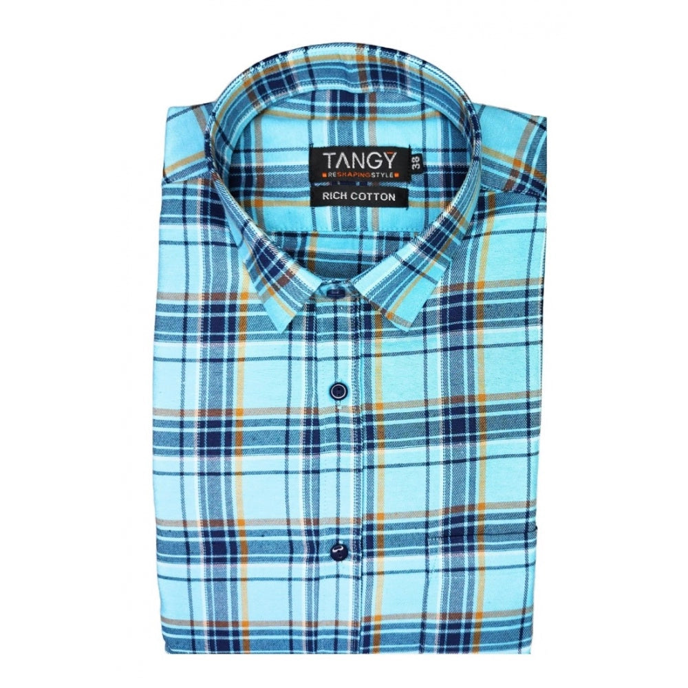 Men's Cotton Lycra Full Sleeve Checked Casual Shirt (Turquoise) - GillKart