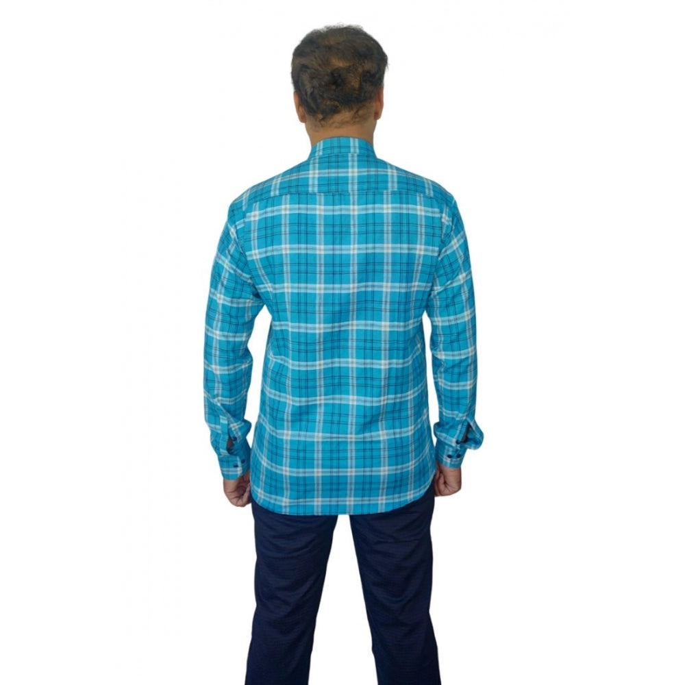 Men's Cotton Lycra Full Sleeve Checked Casual Shirt (Sky Blue) - GillKart