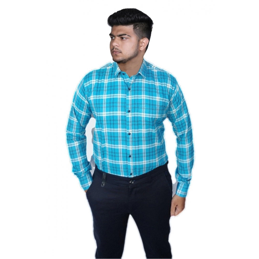 Men's Cotton Lycra Full Sleeve Checked Casual Shirt (Sky Blue) - GillKart