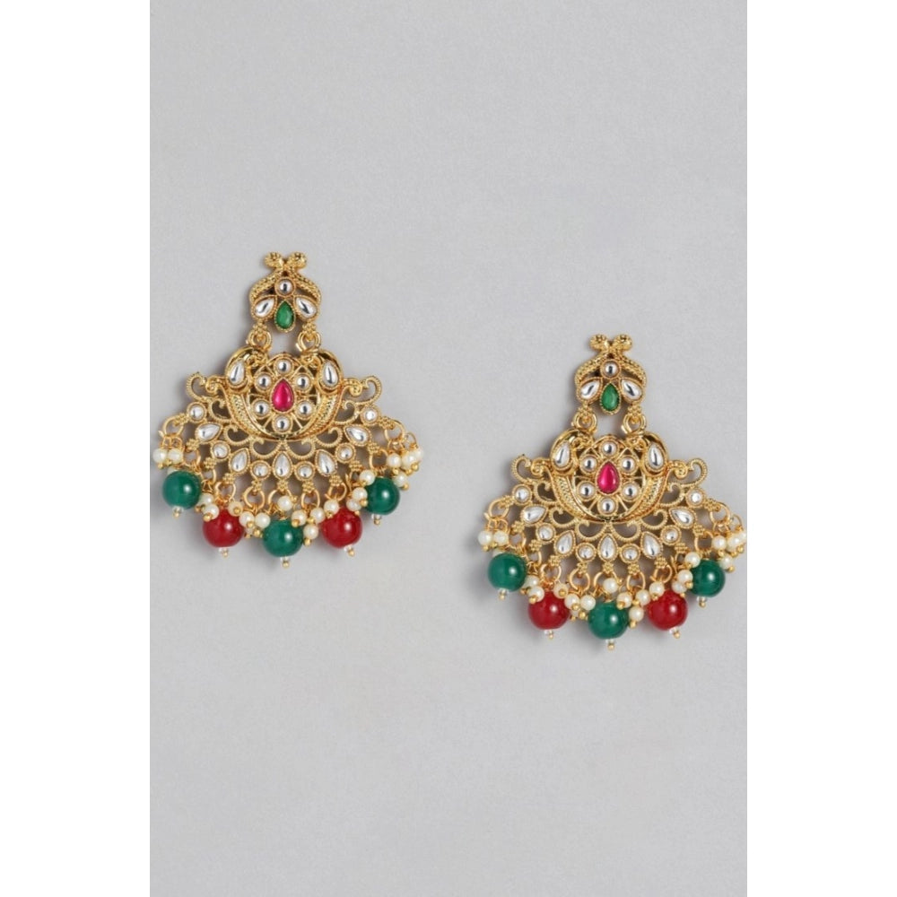 Women's Rose Gold Plated Alloy Kundan Earrings &amp; Mangtikka (Red &amp; Green) - GillKart