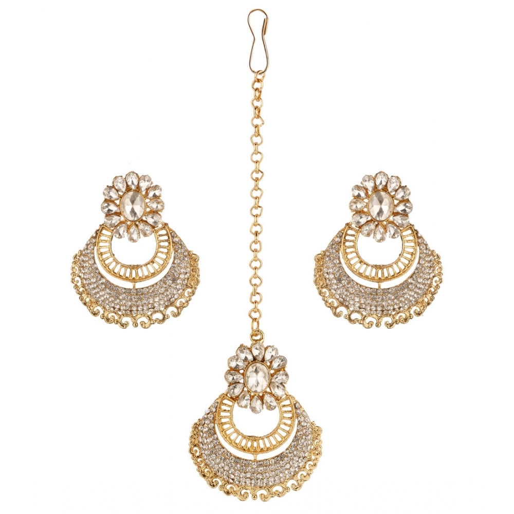 Women's Rose Gold Plated Alloy Kundan Earrings &amp; Mangtikka (White) - GillKart