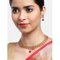 Women's Rose Gold Plated Alloy Necklace &amp; Earings Set (Green &amp; Red) - GillKart