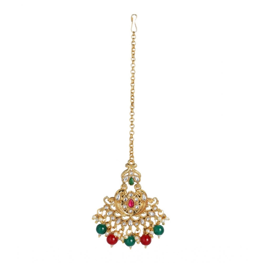 Women's Rose Gold Plated Alloy Kundan Earrings &amp; Mangtikka (Red &amp; Green) - GillKart