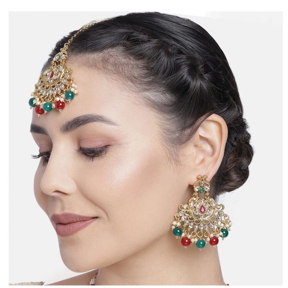 Women's Rose Gold Plated Alloy Kundan Earrings &amp; Mangtikka (Red &amp; Green) - GillKart