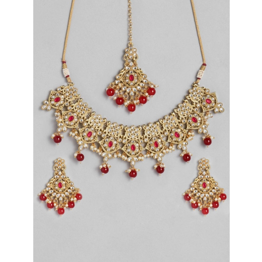 Women's Rose Gold Plated Alloy Necklace &amp; Earings Set (Red) - GillKart