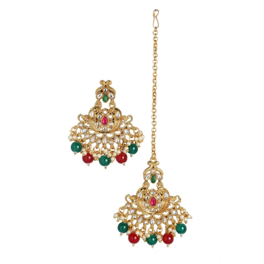 Women's Rose Gold Plated Alloy Kundan Earrings &amp; Mangtikka (Red &amp; Green) - GillKart