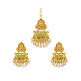 Women's Rose Gold Plated Alloy Kundan Earrings &amp; Mangtikka (Green) - GillKart