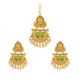 Women's Rose Gold Plated Alloy Kundan Earrings &amp; Mangtikka (Green) - GillKart