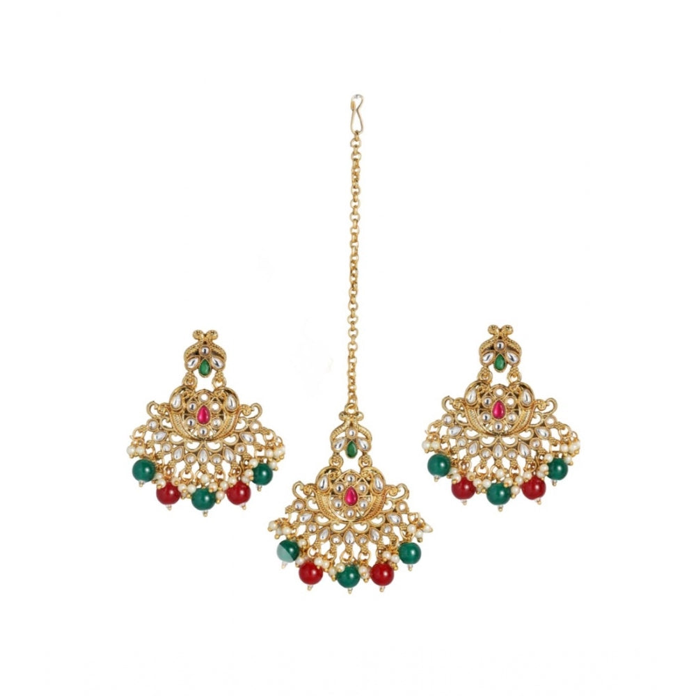 Women's Rose Gold Plated Alloy Kundan Earrings &amp; Mangtikka (Red &amp; Green) - GillKart