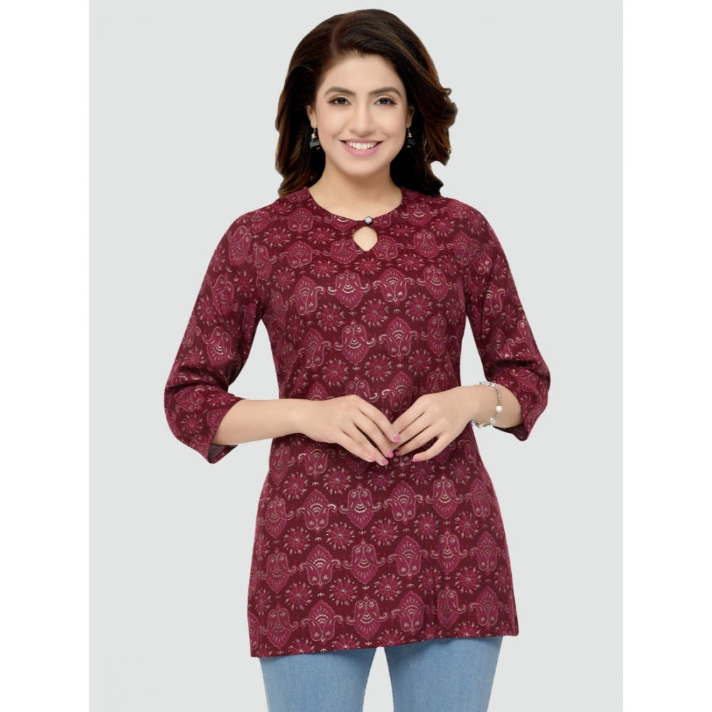 Women's Casual 3/4 Sleeves Printed Rayon Short Top (Maroon) - GillKart