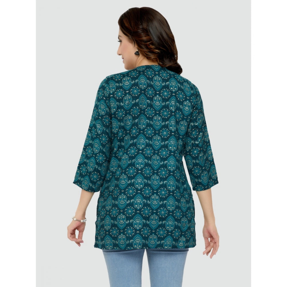 Women's Casual 3/4 Sleeves Printed Rayon Short Top (Green) - GillKart