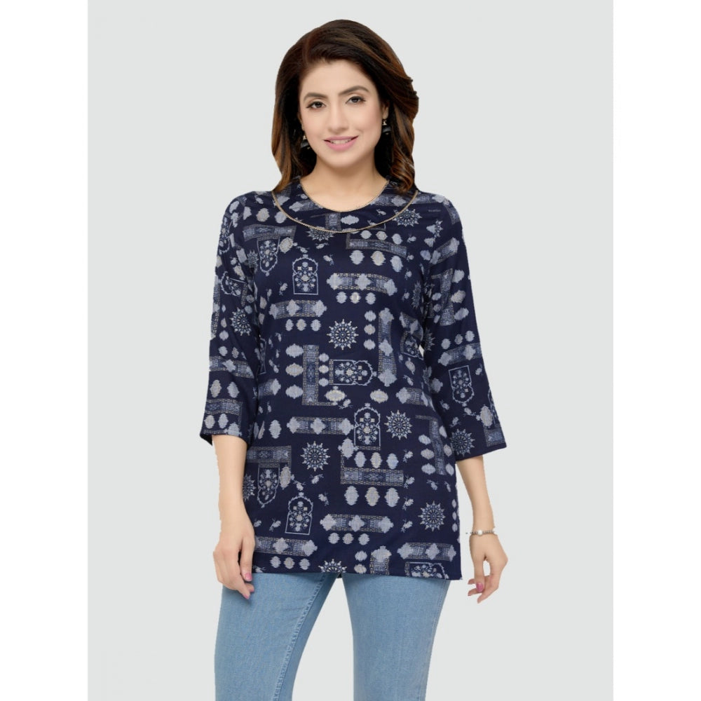 Women's Casual 3/4 Sleeves Printed Rayon Short Top (Blue) - GillKart