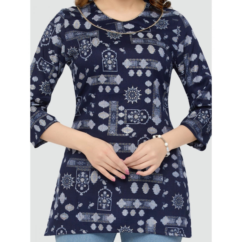 Women's Casual 3/4 Sleeves Printed Rayon Short Top (Blue) - GillKart