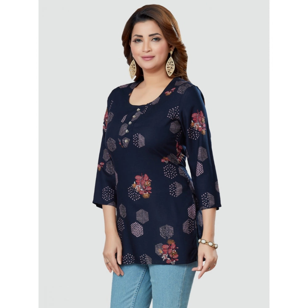 Women's Casual 3/4 Sleeves Printed Rayon Short Top (Navy Blue) - GillKart