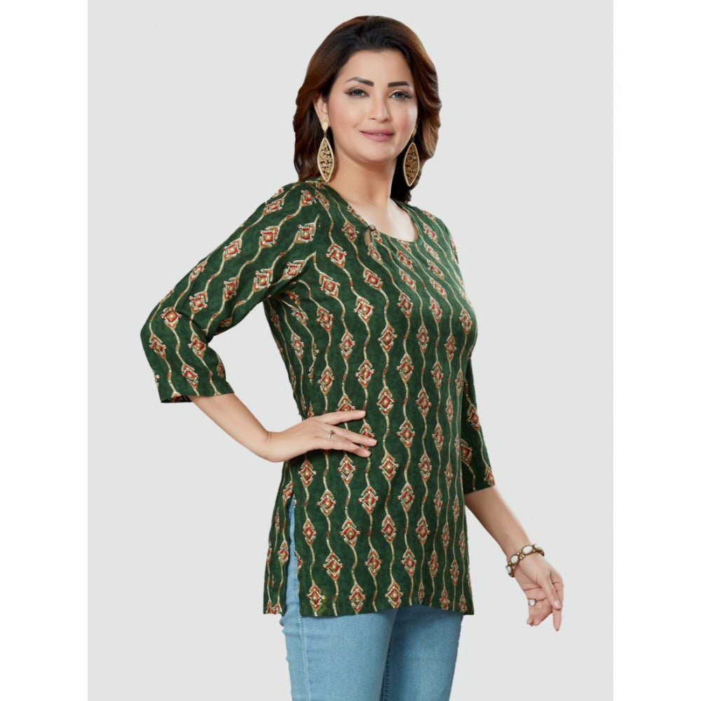 Women's Casual 3/4 Sleeves Printed Rayon Short Top (Green) - GillKart