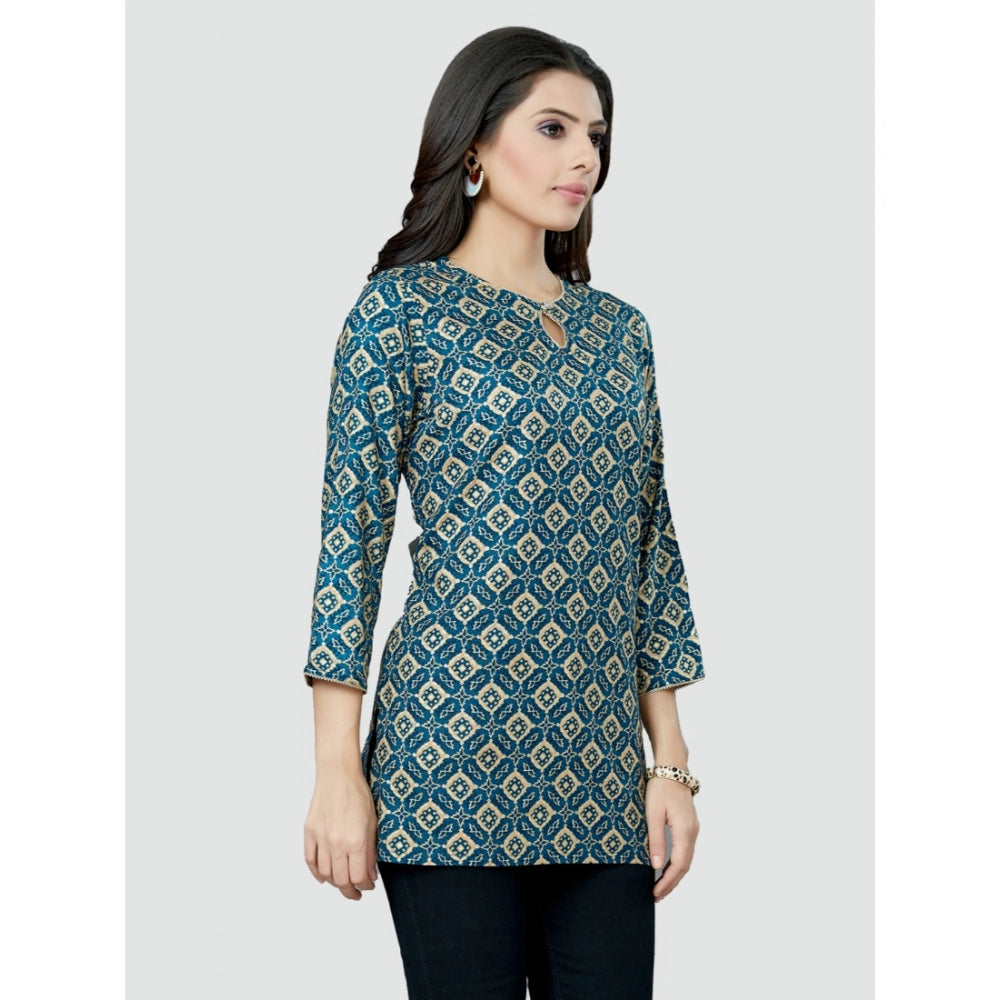 Women's Casual 3/4 Sleeves Printed Rayon Short Top (Blue) - GillKart