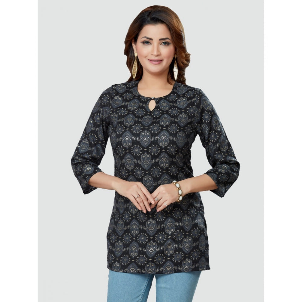 Women's Casual 3/4 Sleeves Printed Rayon Short Top (Black) - GillKart