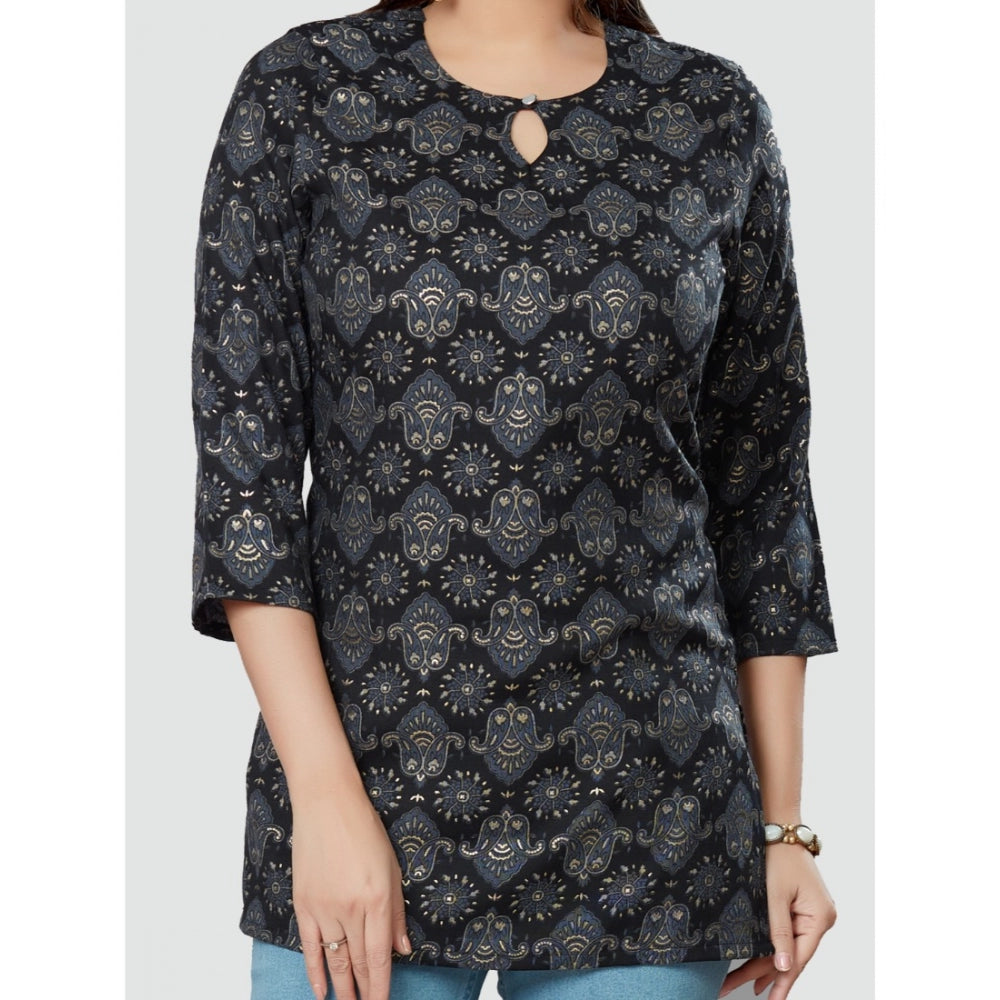 Women's Casual 3/4 Sleeves Printed Rayon Short Top (Black) - GillKart