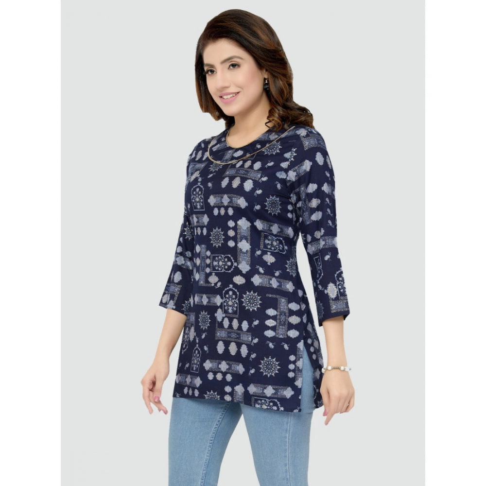 Women's Casual 3/4 Sleeves Printed Rayon Short Top (Blue) - GillKart