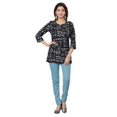 Women's Casual 3/4 Sleeves Printed Rayon Short Top (Black) - GillKart