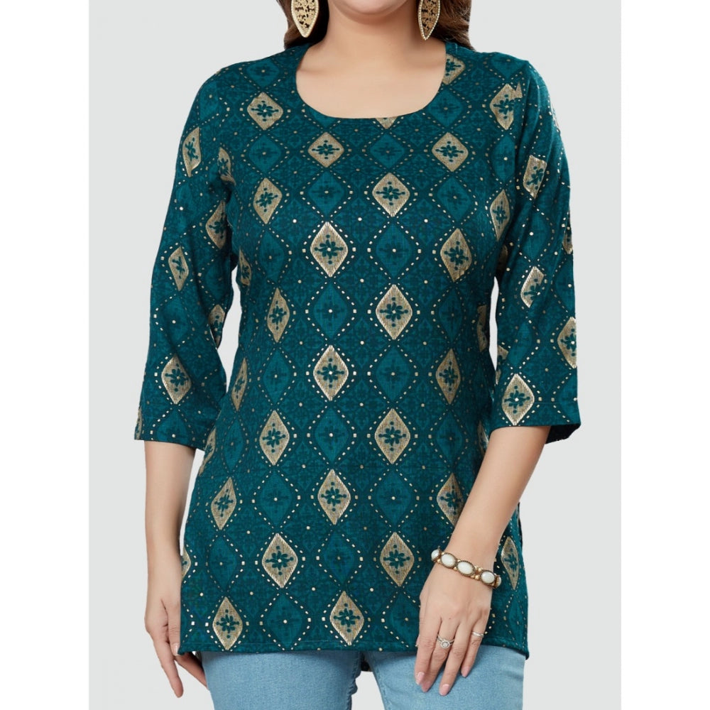 Women's Casual 3/4 Sleeves Printed Rayon Short Top (Green) - GillKart