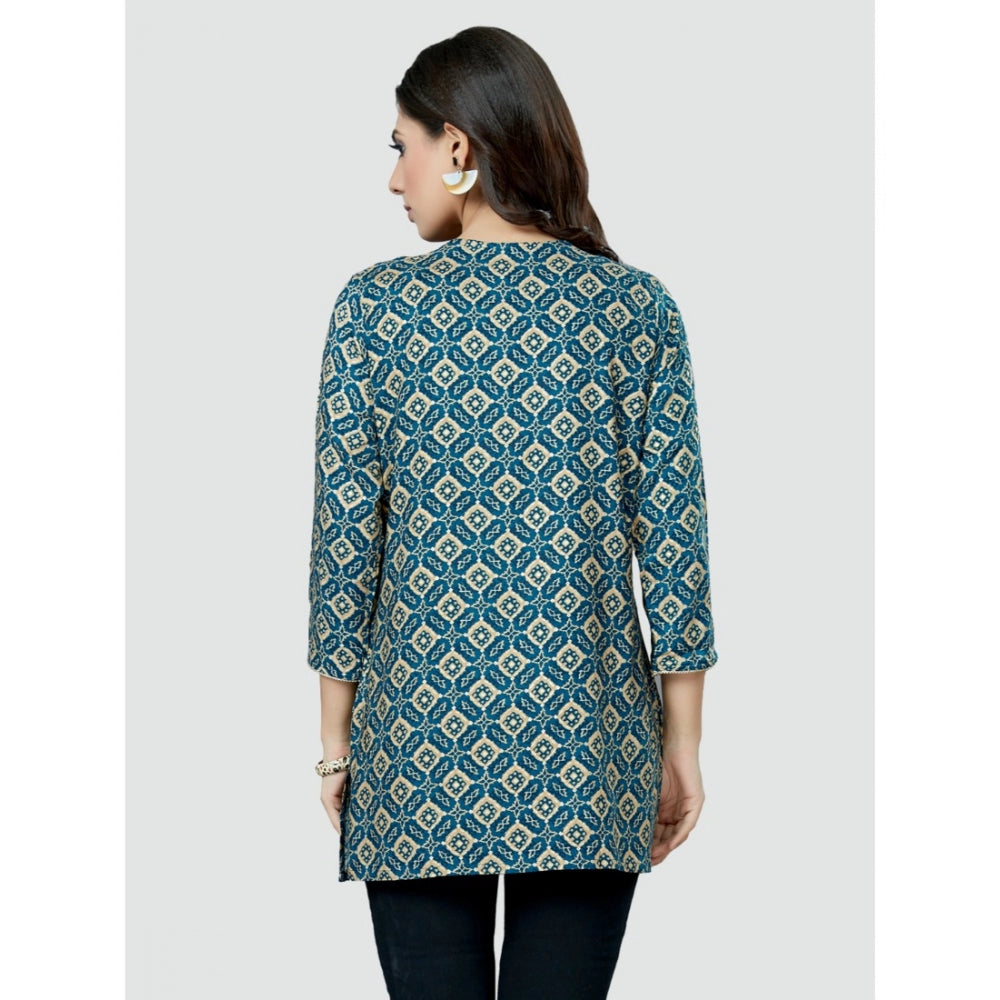 Women's Casual 3/4 Sleeves Printed Rayon Short Top (Blue) - GillKart