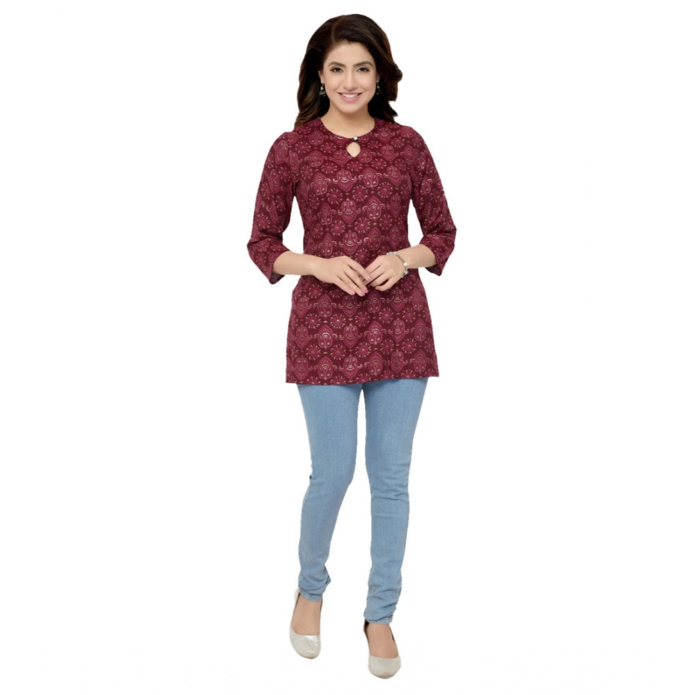 Women's Casual 3/4 Sleeves Printed Rayon Short Top (Maroon) - GillKart