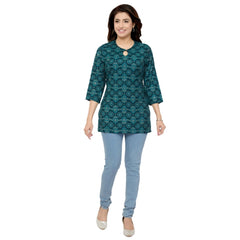 Women's Casual 3/4 Sleeves Printed Rayon Short Top (Green) - GillKart