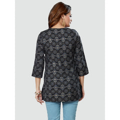 Women's Casual 3/4 Sleeves Printed Rayon Short Top (Black) - GillKart