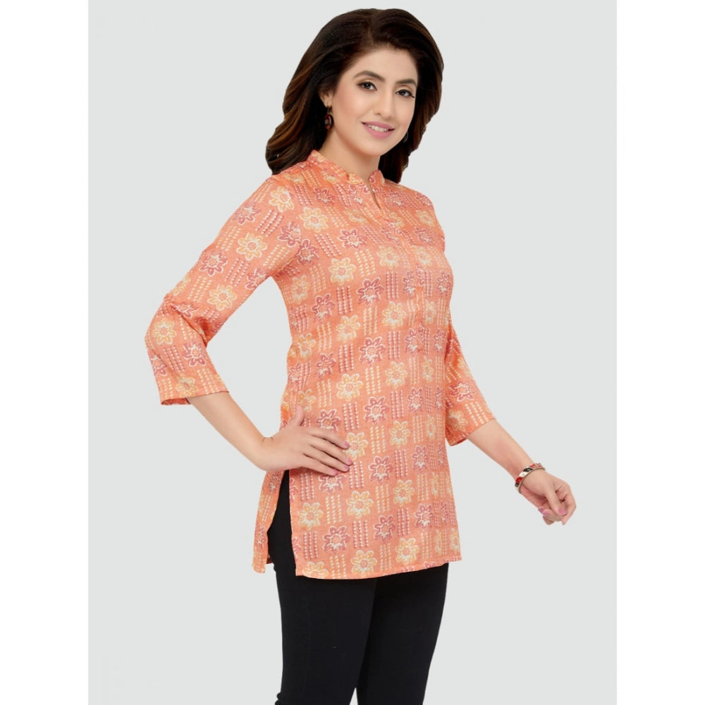 Women's Casual 3/4 Sleeves Printed Rayon Short Top (Orange) - GillKart