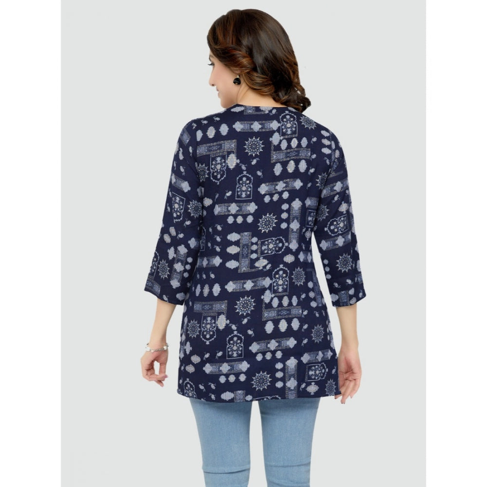 Women's Casual 3/4 Sleeves Printed Rayon Short Top (Blue) - GillKart