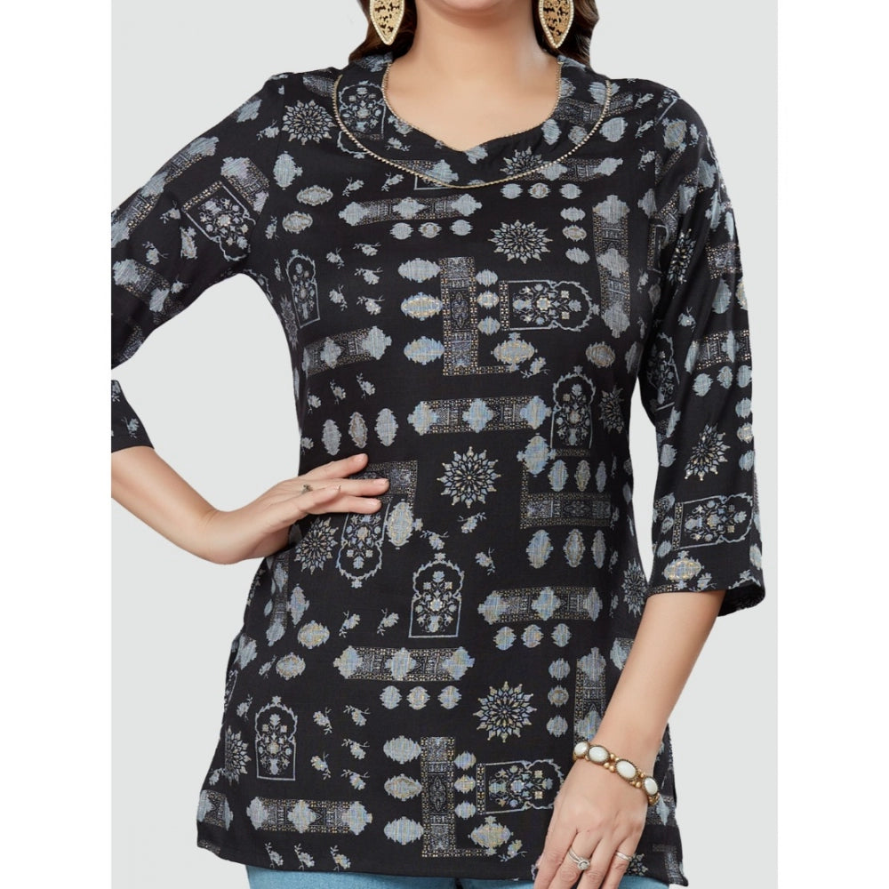 Women's Casual 3/4 Sleeves Printed Rayon Short Top (Black) - GillKart