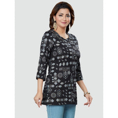 Women's Casual 3/4 Sleeves Printed Rayon Short Top (Black) - GillKart