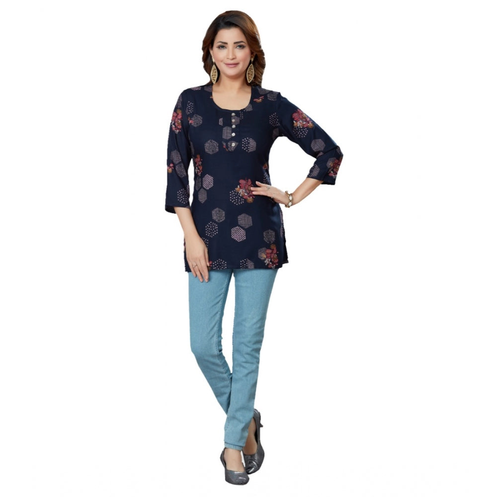 Women's Casual 3/4 Sleeves Printed Rayon Short Top (Navy Blue) - GillKart