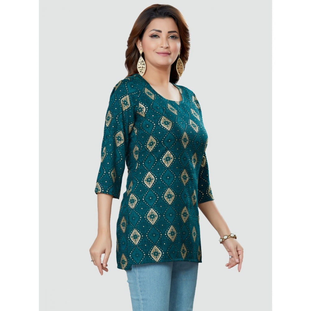 Women's Casual 3/4 Sleeves Printed Rayon Short Top (Green) - GillKart